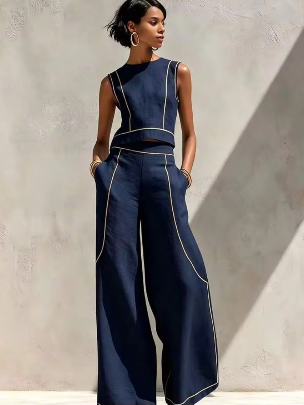 SHEIN Navy Wide-Leg Crop Top & Pants Set with White Piping